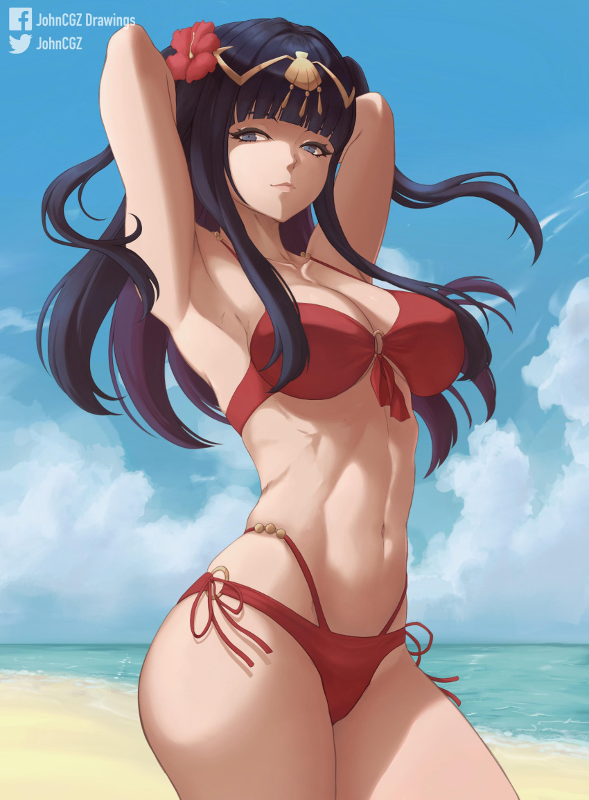 1girl 1girl 1girl alluring alternate_costume arms_up artist_name beach big_breasts big_breasts bikini black_hair blunt_bangs cleavage english_commentary female_only fire_emblem fire_emblem_awakening fire_emblem_heroes flower grey_eyes hair_flower hair_ornament high_res johncgz light-skinned_female light_skin looking_at_viewer milf navel nintendo o-ring o-ring_bikini official_alternate_costume red_bikini red_swimsuit sand standing swimsuit tharja tharja_(fire_emblem) tharja_(summer)_(fire_emblem) watermark