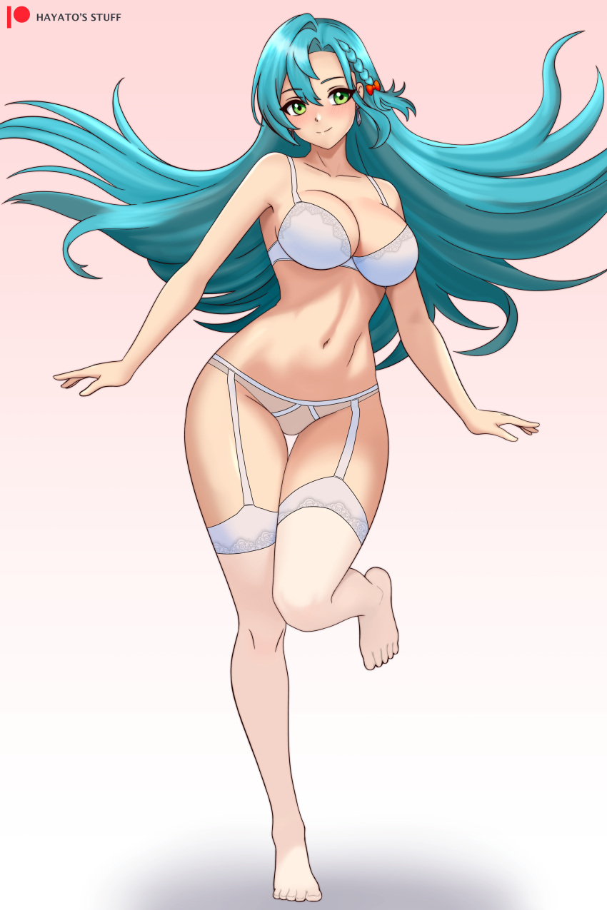 1girl absurd_res alluring aqua_hair big_breasts bra braid chloe_(fire_emblem) cleavage closed_mouth english_commentary female_only fire_emblem fire_emblem_engage full_body garter_belt green_eyes hayato_stuff high_res long_hair looking_at_viewer navel nintendo panties patreon_logo smile standing standing_on_one_leg underwear very_long_hair white_bra white_panties