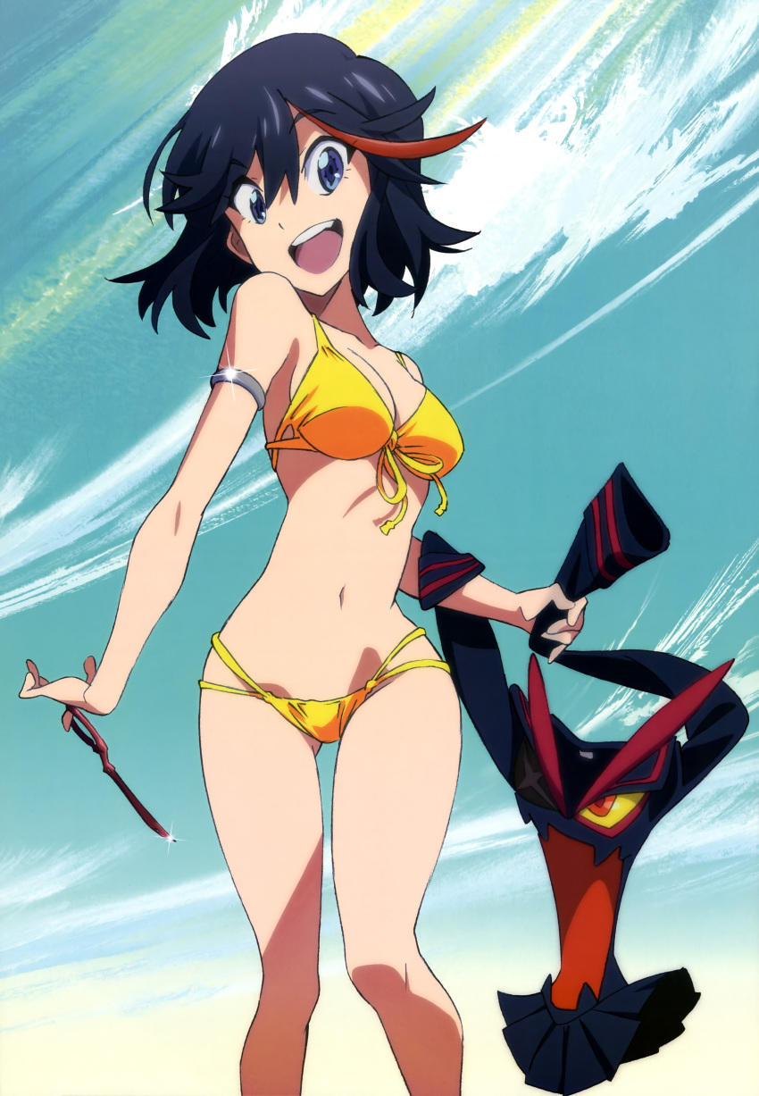 1girl :d absurdres amemiya_akira armlet bikini black_hair blue_eyes cloud front-tie_top highres kill_la_kill legs matoi_ryuuko multicolored_hair nyantype official_art open_mouth scan senketsu short_hair smile solo swimsuit swimsuits