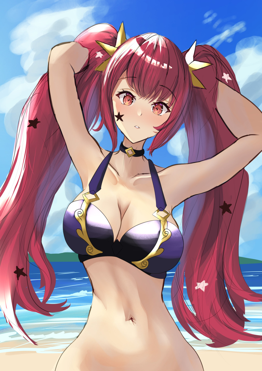 1girl absurd_res alluring alternate_costume alternate_hairstyle arerex bare_legs beach big_breasts bikini black_choker choker cleavage facial_mark female_only fire_emblem fire_emblem_engage hair_ornament high_res long_hair looking_at_viewer naked_from_the_waist_down nintendo ocean outside purple_bikini purple_swimsuit red_eyes red_hair star_(symbol) star_facial_mark star_hair_ornament swimsuit twin_tails very_long_hair yunaka_(fire_emblem)