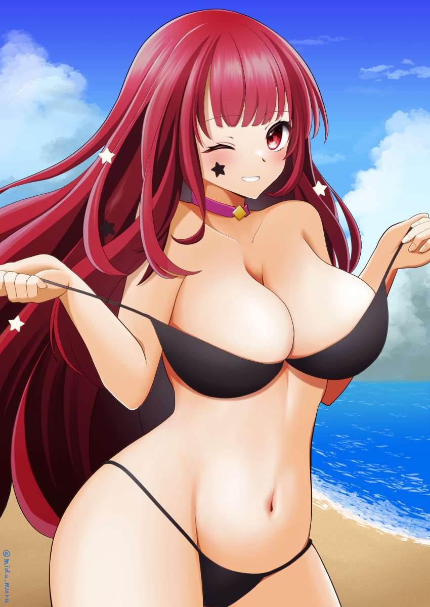 1girl ;d absurd_res alluring alternate_costume bare_shoulders beach big_breasts bikini black_bikini black_swimsuit choker cleavage facial_mark female_only fire_emblem fire_emblem_engage grin groin hair_ornament high_res long_hair looking_at_viewer mizumura_(midu_mura) navel nintendo ocean off_shoulder one_eye_closed red_eyes red_hair smile star_(symbol) star_facial_mark star_hair_ornament string_bikini swimsuit undressing untied_bikini untied_bikini_top very_long_hair yunaka_(fire_emblem)