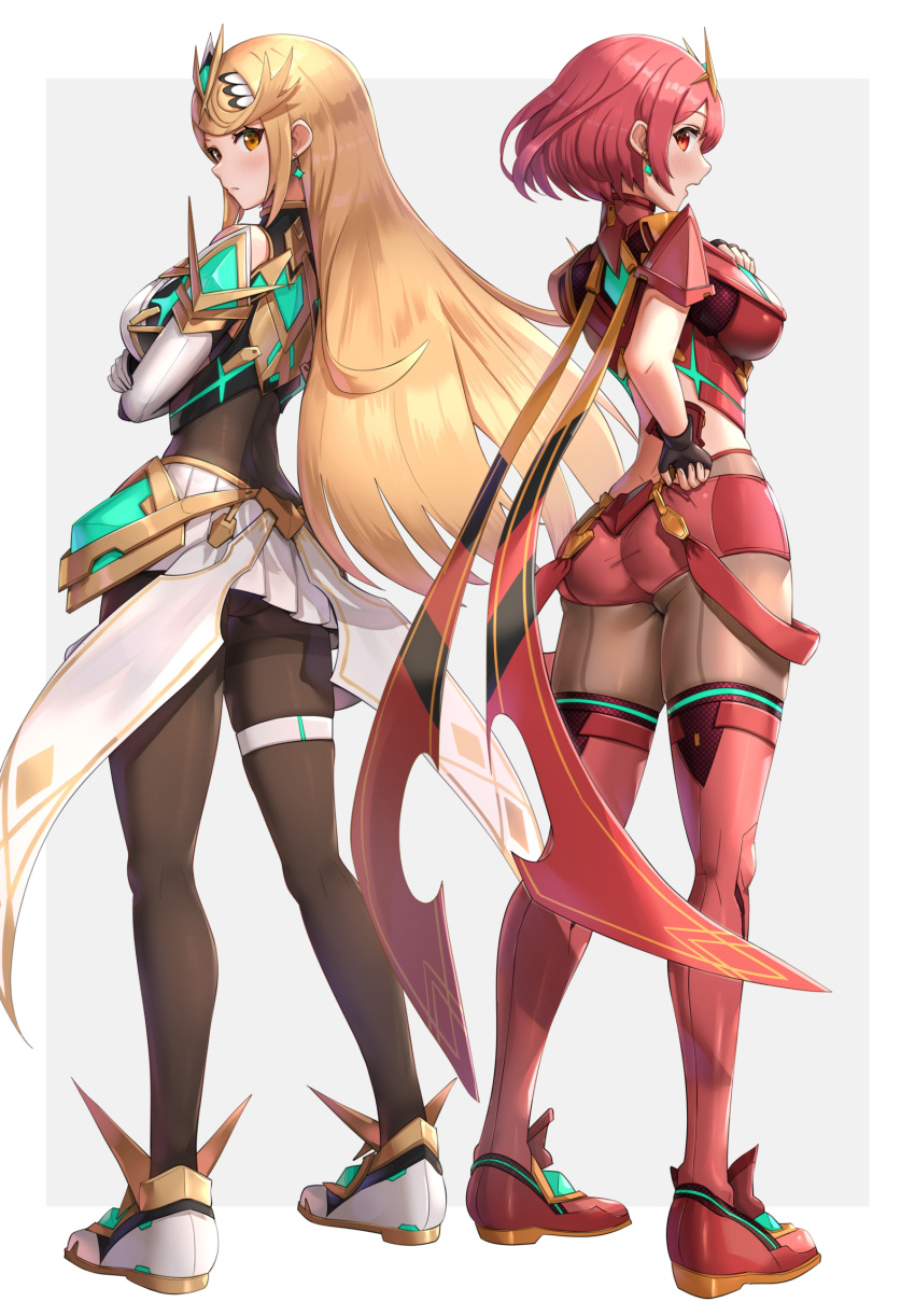 2_girls ahoge alluring ass bare_shoulders big_breasts blonde_hair blush bob_cut bodysuit butt_crack chest_jewel circlet earrings fingerless_gloves floating_earring from_behind gloves gonzarez high_res long_hair looking_at_viewer looking_back multiple_girls mythra nintendo open_mouth panties pantyhose pantyhose_under_shorts pantyshot pyra red_eyes red_hair red_shorts scarf shiny_skin short_hair short_shorts shorts sideboob skirt stockings swept_bangs thigh_strap underwear very_long_hair xenoblade_(series) xenoblade_chronicles_2