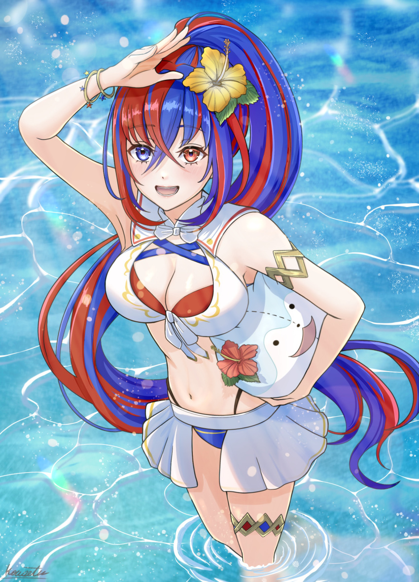 1girl alear_(female)_(fire_emblem) alear_(female)_(seaside_dragon)_(fire_emblem) alear_(fire_emblem) alluring alternate_costume alternate_hairstyle big_breasts bikini blue_bikini blue_eyes blue_hair blue_swimsuit character_ball cleavage criss-cross_halter crossed_bangs female_only fire_emblem fire_emblem_engage fire_emblem_heroes flower front-tie_bikini_top front-tie_top gold_armlet gold_thighlet hair_flower hair_ornament halterneck heterochromia high_res kousetu0506 long_hair multicolored_bikini multicolored_clothes multicolored_hair nintendo ocean official_alternate_costume official_alternate_hairstyle open_mouth outside ponytail red_bikini red_eyes red_hair red_swimsuit showgirl_skirt smile sommie_(fire_emblem) split-color_hair swimsuit two-tone_hair very_long_hair white_bikini white_swimsuit yellow_flower