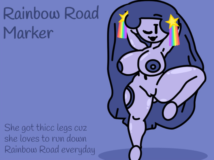 big_breasts big_thighs blue_background blue_body blue_hair blue_nipples blue_skin find_the_markers justmad9876_(artist) looking_at_viewer pale_blue_skin rainbow_road_marker_(find_the_markers) star_earrings stretching text winking_at_viewer