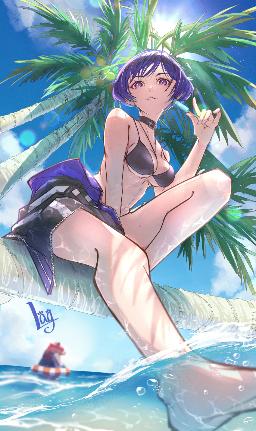 1boy 1girl absurd_res alluring bare_legs beach bear belt_collar bikini black_bikini blurry blurry_background branch cleavage clothes_around_waist collar food from_below headband high_res holding holding_food holding_popsicle jacket kuma_(tekken) lag_(wo76_a) lens_flare looking_at_another looking_down medium_breasts namco ocean palm_tree partially_underwater_shot popsicle purple_hair reina_(tekken) short_hair sitting_on_branch smile soaking_feet solo_focus sun sunlight swim_ring swimsuit tekken tekken_8 tree water wet