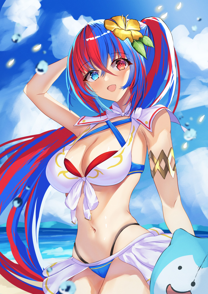 1girl 1girl 1girl absurd_res alear_(female)_(fire_emblem) alear_(female)_(seaside_dragon)_(fire_emblem) alear_(fire_emblem) alternate_costume alternate_hairstyle arerex arm_behind_head beach big_breasts bikini blue_bikini blue_eyes blue_hair blue_sky blue_swimsuit character_ball cleavage cloud cloudy_sky criss-cross_halter crossed_bangs female_only fire_emblem fire_emblem_engage fire_emblem_heroes flower gold_armlet hair_flower hair_ornament halterneck heterochromia high_ponytail high_res long_hair multicolored_bikini multicolored_clothes multicolored_hair multicolored_swimsuit nintendo ocean official_alternate_costume official_alternate_hairstyle open_mouth ponytail red_bikini red_eyes red_hair red_swimsuit sand sky sommie_(fire_emblem) split-color_hair swimsuit two-tone_hair very_long_hair white_bikini white_swimsuit yellow_flower