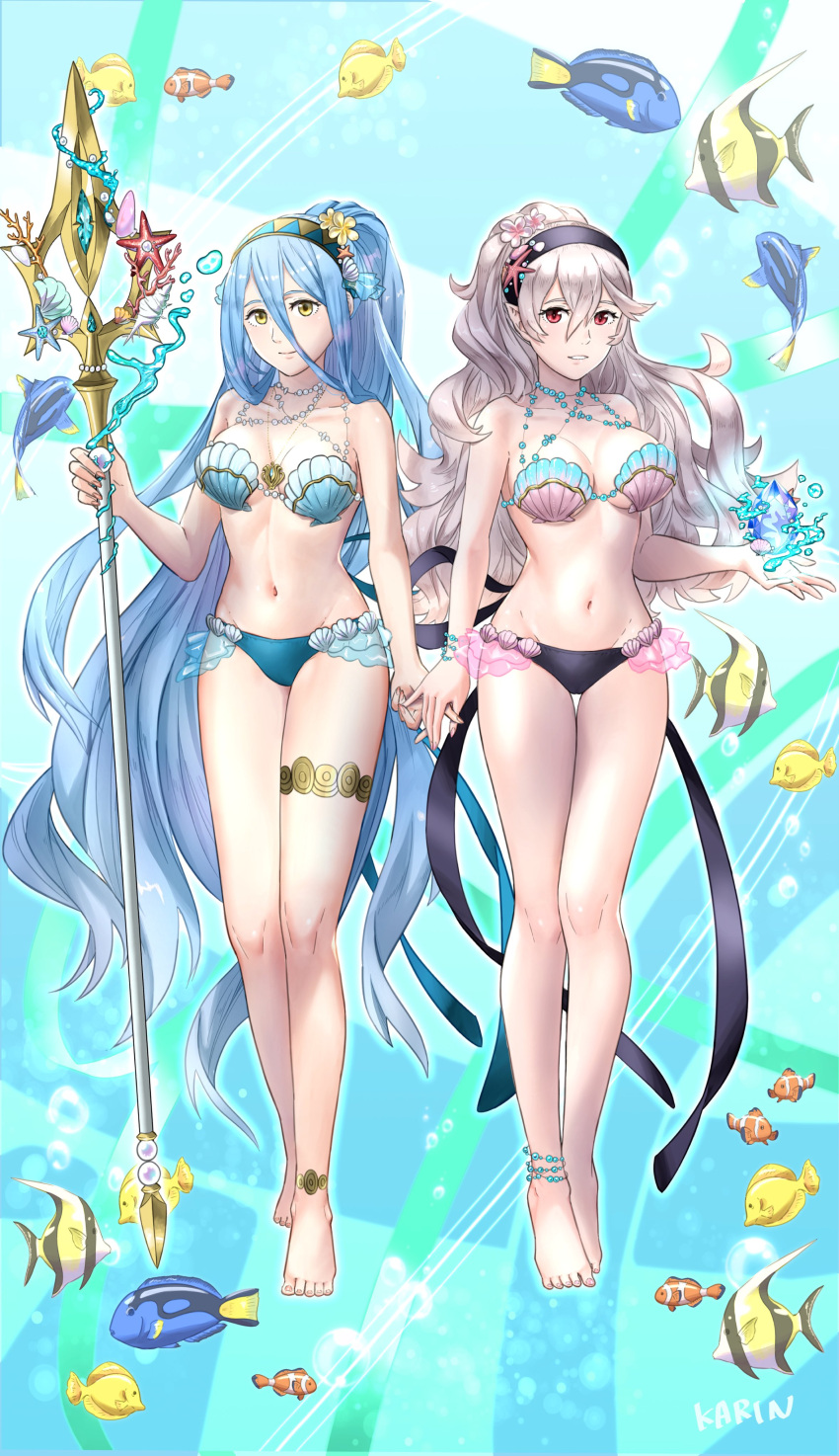 1girl 2_girls 6nutqd2kwd0iqcl absurd_res alluring alternate_costume alternate_hairstyle azura_(fire_emblem) barefoot big_breasts bikini blue_bikini blue_hair blue_swimsuit corrin_(fire_emblem) corrin_(fire_emblem)_(female) cosplay feet female_only fire_emblem fire_emblem_cipher fire_emblem_fates fish hair_between_eyes high_res holding_hands long_hair medium_breasts multiple_girls navel nintendo official_alternate_costume official_style shell shell_bikini swimsuit toes very_long_hair yellow_eyes