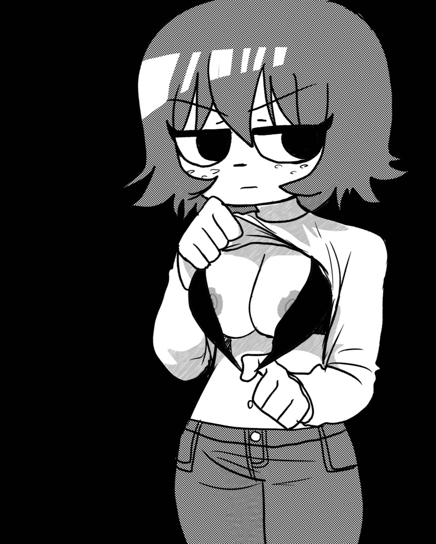 18waire 1girl bra bra_pull breasts female_only inkershike kim_pine looking_away monochrome nipples scott_pilgrim shirt_lift