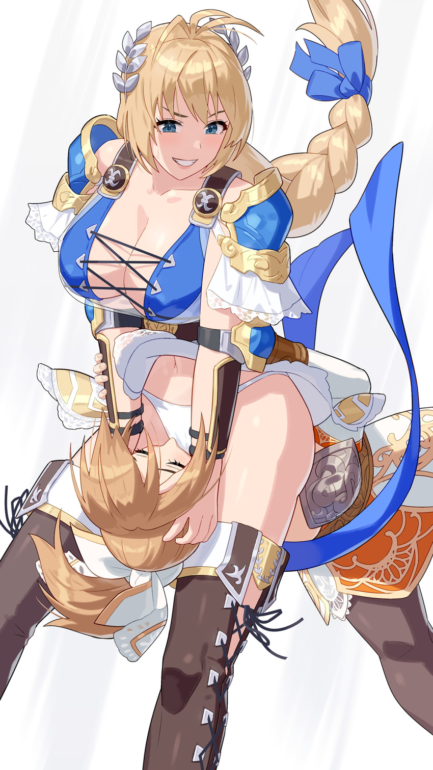 1girl 2_girls bandai_namco big_breasts blonde_hair blue_eyes braid breasts cassandra_alexandra cleavage closed_eyes face_in_crotch female_only femdom fight greek_female grin head_between_thighs head_grab headscissor high_res incest long_hair milf multiple_girls namco namco_bandai navel panties ponytail project_soul request sibling_incest sibling_love siblings silf silfs sister sisters skirt smile sophitia_alexandra soul_calibur soul_calibur_vi teeth thigh_high_boots thighs tights very_long_hair white_panties wincest yagi2105 yuri