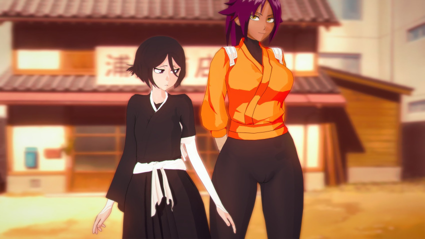 1girl 1girl 2_girls 3d attractive beautiful_female beautyful big_breasts bitch black_hair bleach bodysuit breasts dark-skinned_female dark_skin excited excited_for_sex exhibitionism female_focus female_pervert female_pov female_pubic_hair hooker kuchiki_rukia long_hair perfect perfection pervert prostitute prostitution provocating provocative pussy shihouin_yoruichi short_hair small_breasts