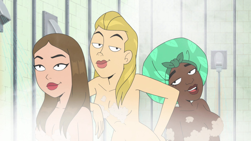 1girl 3_girls blonde_female blonde_hair breasts brown_hair casual conversation dark-skinned_female dark_skin female_only gigi_(velma) human krista_(velma) light-skinned_female locker_room long_hair naked_female nude nude nude_female official_art olive_(velma) pale_skin public scooby-doo screencap screenshot shover shower shower_cap showering soap soap_censor steam velma_(series)