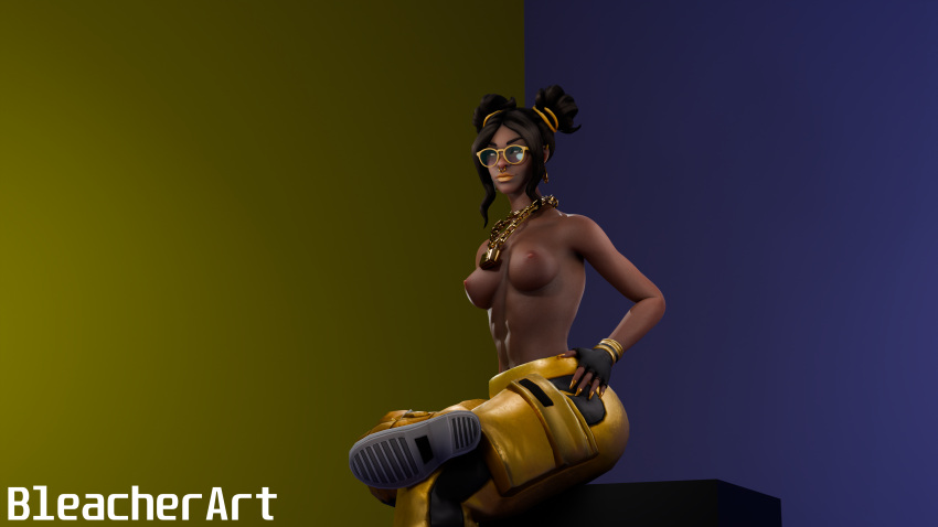 1girl 3d 3d_model 3d_render bleacherart choker dark-skinned_female dark_hair dark_skin earrings female_only fortnite gloves gold_(metal) gold_jewelry jewelry lipstick looking_at_viewer luxe_(fortnite) pants partially_clothed partially_clothed_female partially_nude sharp_nails sitting