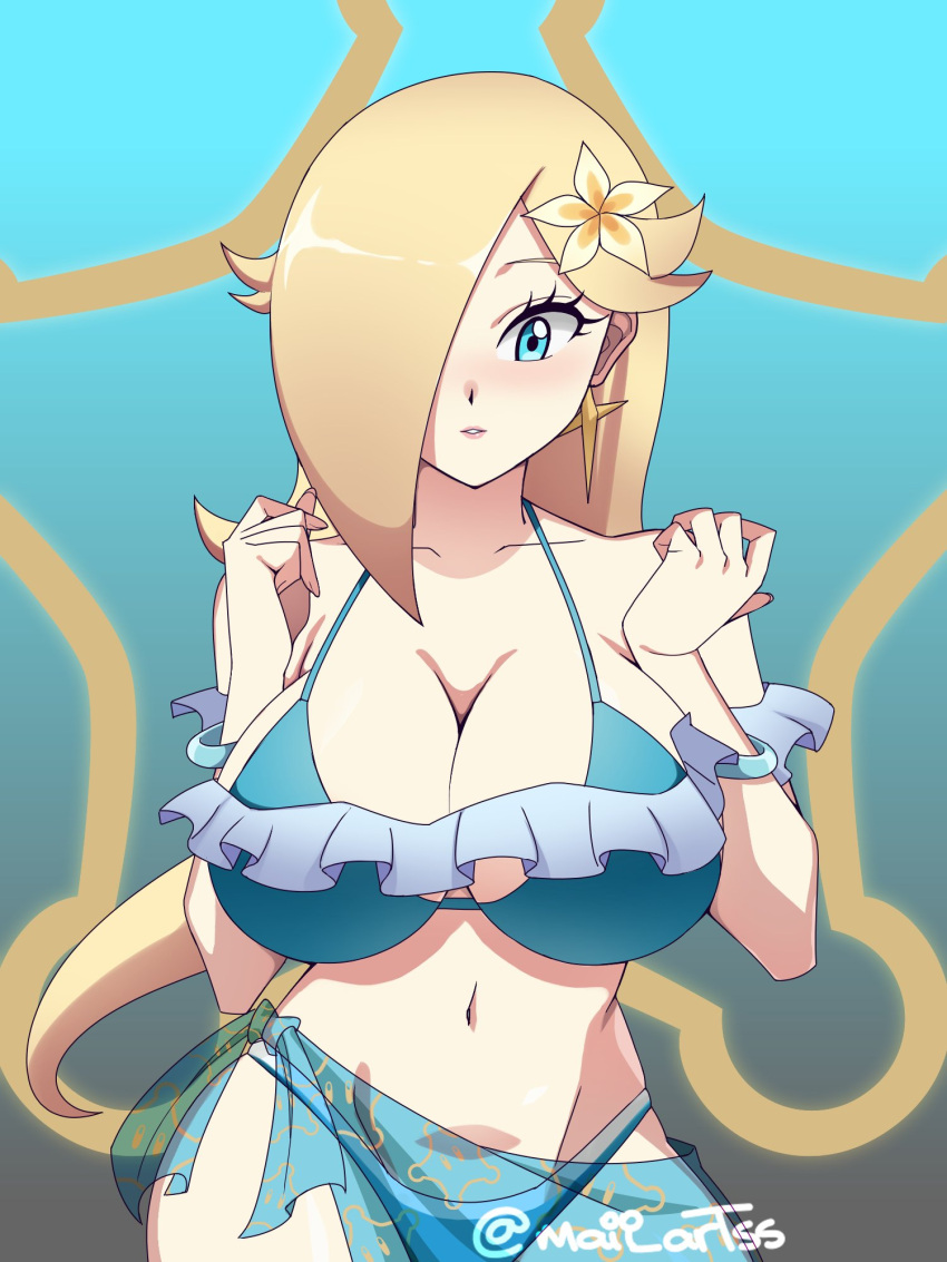 1girl alluring alternate_version_available big_breasts bikini blonde_female blonde_hair blue_bikini blue_eyes cleavage exposed_midriff exposed_navel flower flower_in_hair flower_on_head g-string g-string_only hair_over_one_eye maii_artss mario_(series) mario_kart_tour micro_bikini midriff navel nintendo princess_rosalina rosalina sarong string_bikini super_mario_bros. thong thong_bikini transparent_blue_sarong transparent_sarong