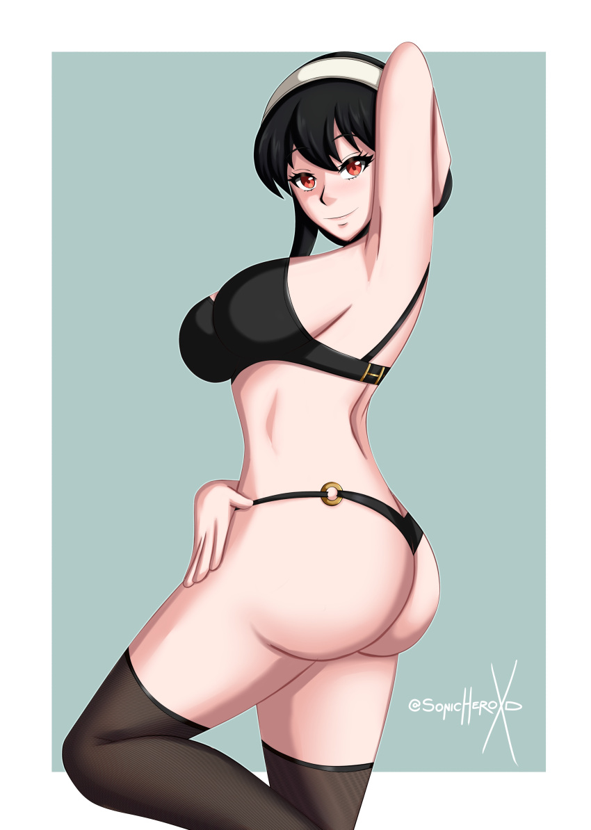 1girl 1girl 1girl alluring amber_eyes ass big_breasts black_hair bra female_only milf panties posing sonicheroxd spy_x_family underwear yor_briar yor_forger