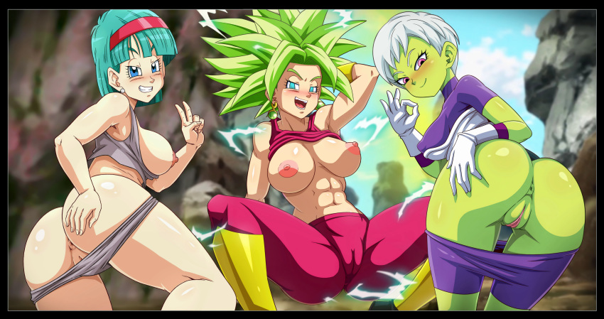 3_girls 3girls abs anus ass bent_over big_breasts blue_eyes blue_hair blush breasts bulma_briefs cameltoe cheelai dragon_ball dragon_ball_super dragon_ball_super_(the_movie_of_broly) dragon_ball_z edit female female_only green_hair green_skin hairband kefla long_hair multiple_girls nipples pussy sano-br short_hair teal_hair white_hair