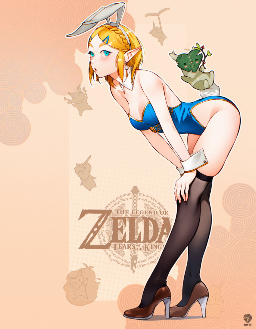 1girl alluring alternate_costume animal_ears bent_over black_thighhighs braid cesar_art456 commission crown_braid detached_collar fake_animal_ears high_res korok leotard looking_at_viewer medium_breasts nintendo playboy_bunny pointy_ears princess_zelda rabbit_ears rabbit_tail stockings strapless strapless_leotard tail the_legend_of_zelda the_legend_of_zelda:_tears_of_the_kingdom