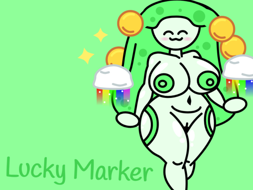 1girl blush clouds find_the_markers gold_coins green_background green_body green_hair justmad9876_(artist) lucky-marker_(find_the_markers) naked_female nude_female rainbow shine shiny shiny_hair shiny_skin white_skin