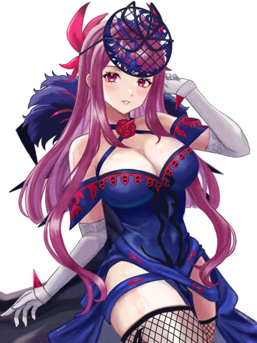 1girl 1girl 1girl alluring bare_shoulders big_breasts blue_dress cleavage cowboy_shot dress elbow_gloves fascinator female_only fire_emblem fire_emblem_engage fishnet_thighhighs fishnets gloves halterneck high_res ivy_(fire_emblem) long_hair looking_at_viewer mole mole_under_mouth nintendo off-shoulder_dress off_shoulder parted_lips purple_eyes purple_hair short_sleeves simple_background standing stockings thighs very_long_hair white_background white_gloves zqzbq