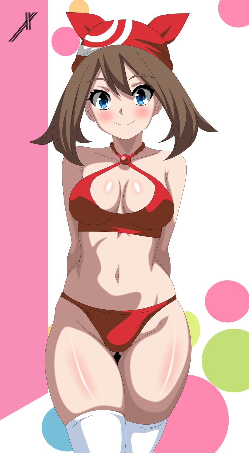 1girl 1girl alluring blue_eyes blush brown_hair cleavage closed_mouth creatures_(company) game_freak indexryo legs may may_(pokemon) medium_breasts navel nintendo pokemon pokemon_(anime) pokemon_rse_(anime) sidelocks smile socks standing