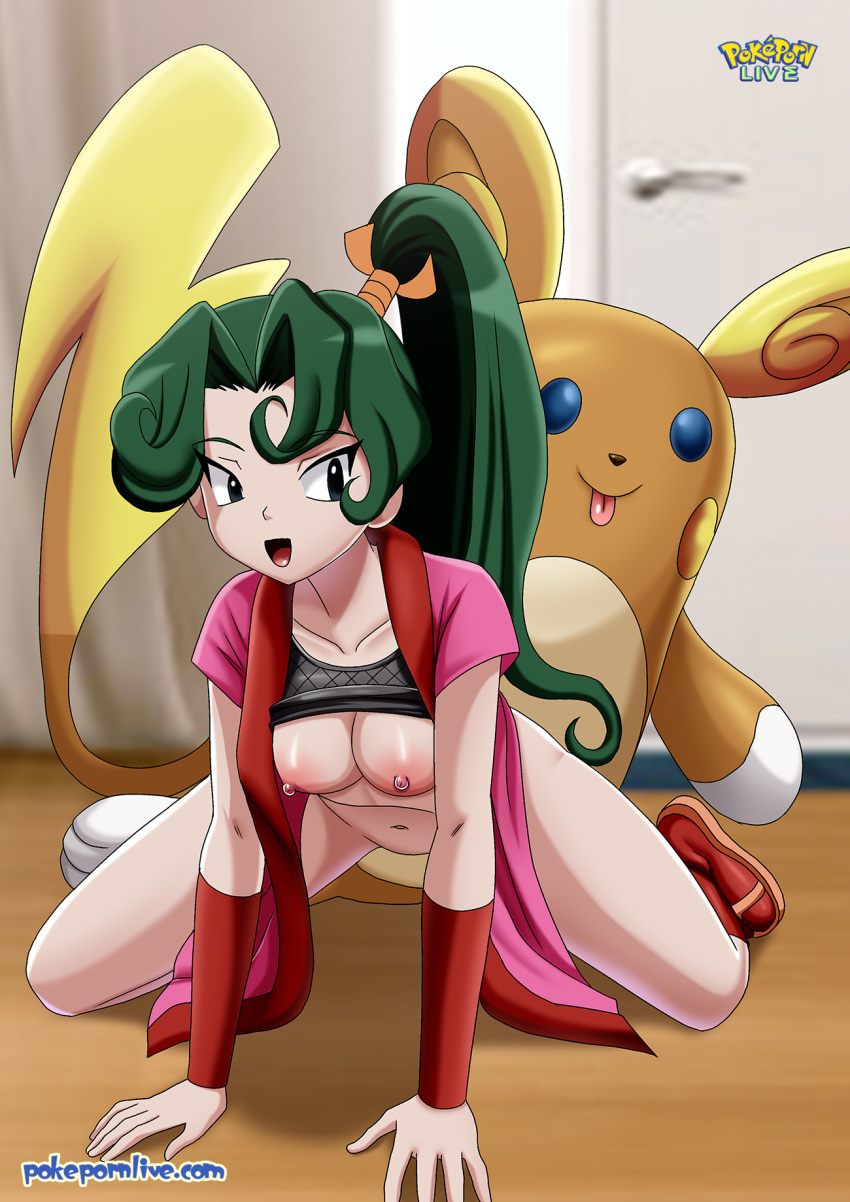 1girl alolan_pokemon alolan_raichu ava_(pokemon) bbmbbf bent_over black_eyes breasts collarbone green_hair kneel legs_apart long_hair looking_back navel nipples nude_female on_all_fours open_mouth palcomix partially_clothed partially_nude pokemon pokepornlive ponytail raichu shirt_lift