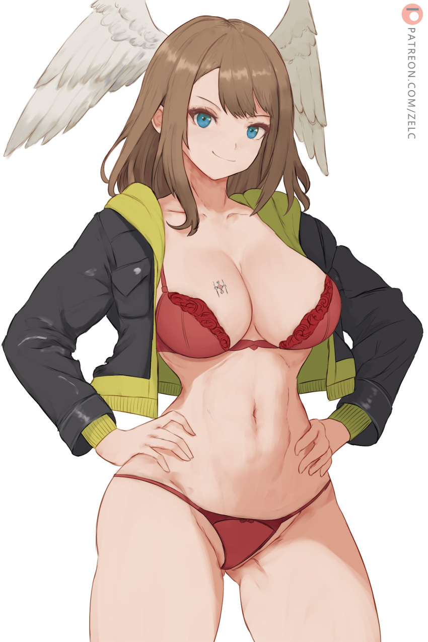 1girl alluring big_breasts black_jacket blue_eyes bra breast_tattoo brown_hair cleavage closed_mouth eunie_(xenoblade) female_only green_jacket hands_on_hips hands_on_own_hips head_wings high_res hood hood_down hooded_jacket jacket long_hair looking_at_viewer multicolored_clothes multicolored_jacket navel nintendo panties patreon_username red_bra red_panties smile tattoo two-tone_jacket underwear white_background white_wings wings xenoblade_(series) xenoblade_chronicles_3 zelc-face