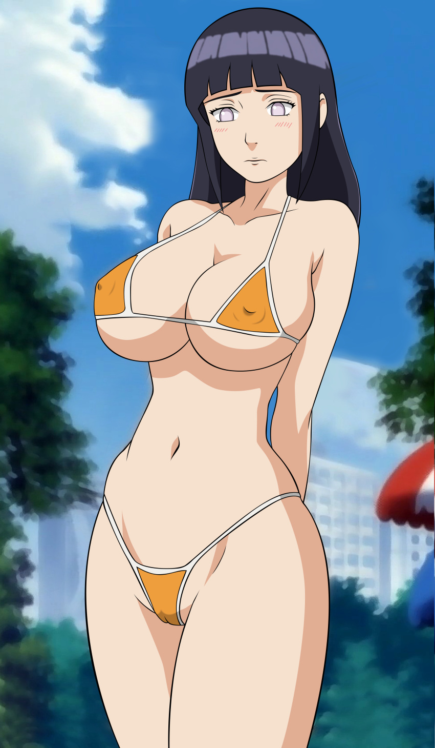 1girl 1girl 1girl alluring artist_request big_breasts big_breasts big_breasts bikini bikini_bottom bikini_top blue_hair blush cameltoe cleavage embarrassed erect_nipples female_only hinata_hyuuga legs legs_together long_hair micro_bikini naruto naruto_(series) naruto_shippuden nipples orange_bikini orange_swimsuit outside outside panties pin_up purple_eyes pussy pussy revealing_clothes shy standing swimsuit thighs