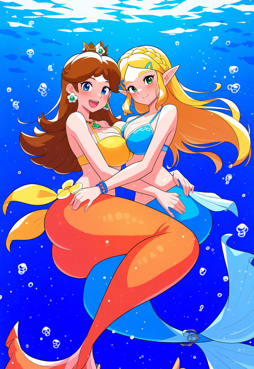 2girls ai_generated alluring alternate_species ass big_breasts bikini_top breasts cleavage crossover female female/female female_only humanoid looking_at_viewer mario_(series) mermaid nightcore_(artist) nintendo ocean princess_daisy princess_zelda sea super_smash_bros. tail tears_of_the_kingdom the_legend_of_zelda the_legend_of_zelda:_tears_of_the_kingdom underwater water yuri zelda_(tears_of_the_kingdom)