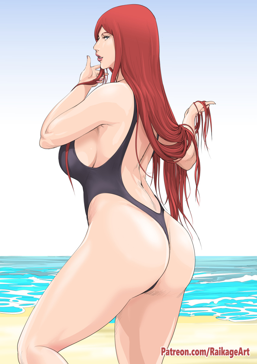 1girl alluring ass beach big_breasts bikini high_res kushina_uzumaki long_hair looking_at_viewer looking_back naruto_(series) ocean one-piece_bikini playing_with_own_hair raikageart red_hair smile