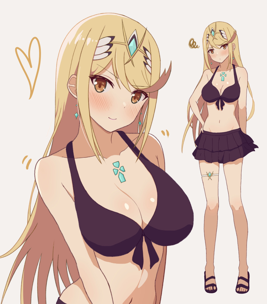 1girl absurd_res alluring alternate_costume bare_shoulders big_breasts bikini black_bikini blonde_hair blush chest_jewel commentary_request full_body hand_on_own_hip headpiece high_res long_hair looking_at_viewer mythra navel nintendo sandals standing swept_bangs swimsuit thigh_strap tiara very_long_hair white_background xenoblade_(series) xenoblade_chronicles_2 yellow_eyes yoshikirino