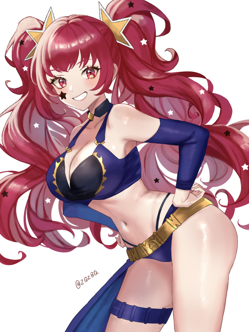 1girl 1girl 1girl alluring alternate_costume alternate_hairstyle ass bare_shoulders big_breasts bikini black_choker blue_bikini choker cleavage cowboy_shot detached_sleeves facial_mark female_only fire_emblem fire_emblem_engage gold_belt grin hair_ornament hands_on_own_hips high_res leaning_forward long_hair looking_at_viewer navel nintendo purple_bikini purple_sleeves purple_swimsuit red_eyes red_hair sidelocks simple_background smile star_(symbol) star_facial_mark star_hair_ornament stomach swimsuit thigh_strap twin_tails twitter_username white_background yunaka_(fire_emblem) zqzbq