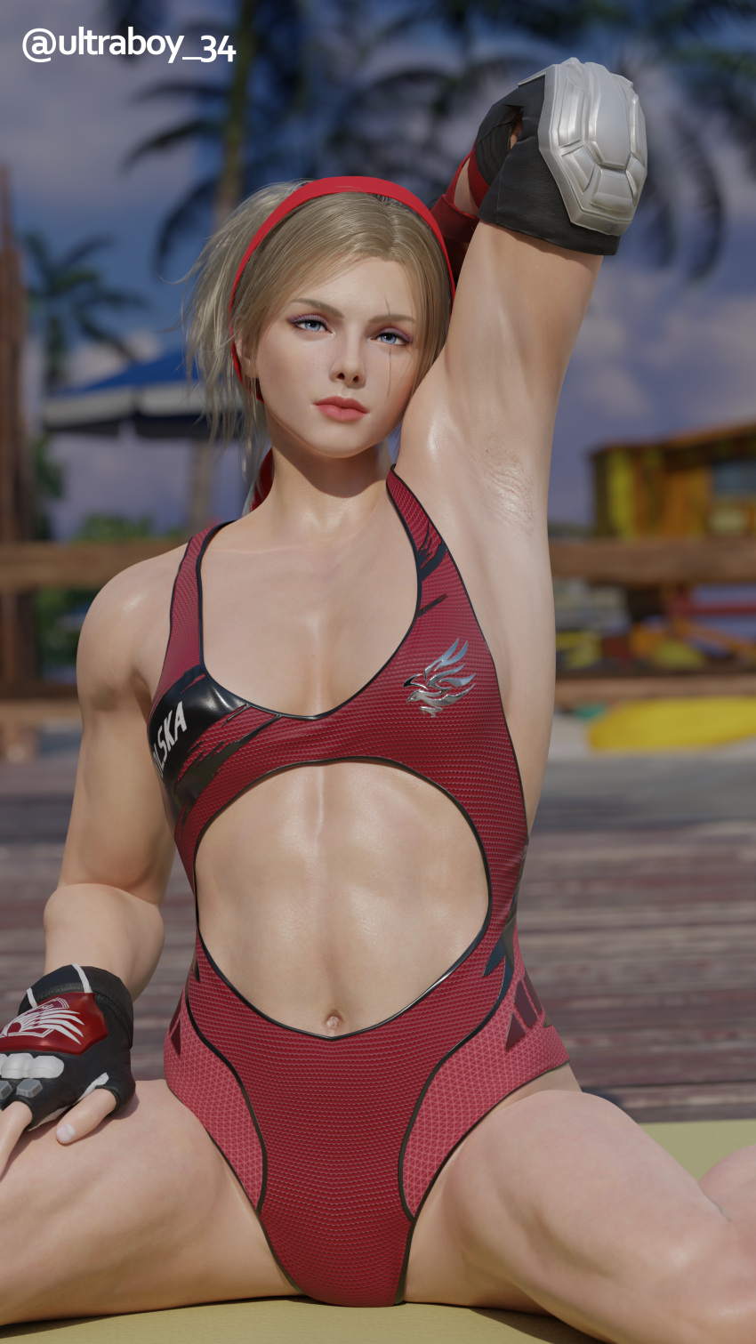 1girl 3d athletic_female bikini blonde_hair blue_eyes female_abs fit_female lidia_sobieska namco spread_legs swimming_pool tekken tekken_8 ultraboy34 white_hair