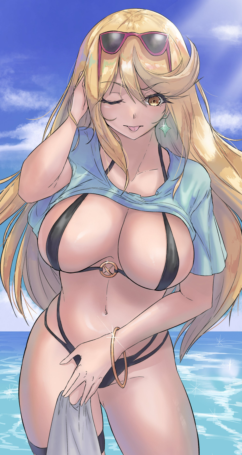 1girl absurd_res alluring big_breasts bikini black_bikini blue_sky bracelet calmgreentori cleavage cloud cowboy_shot earrings eyewear_on_head female_only groin hand_in_own_hair high_res jewelry looking_at_viewer mythra navel nintendo one_eye_closed outside sky star_(symbol) star_earrings sunglasses swimsuit thigh_strap tongue tongue_out xenoblade_(series) xenoblade_chronicles_2