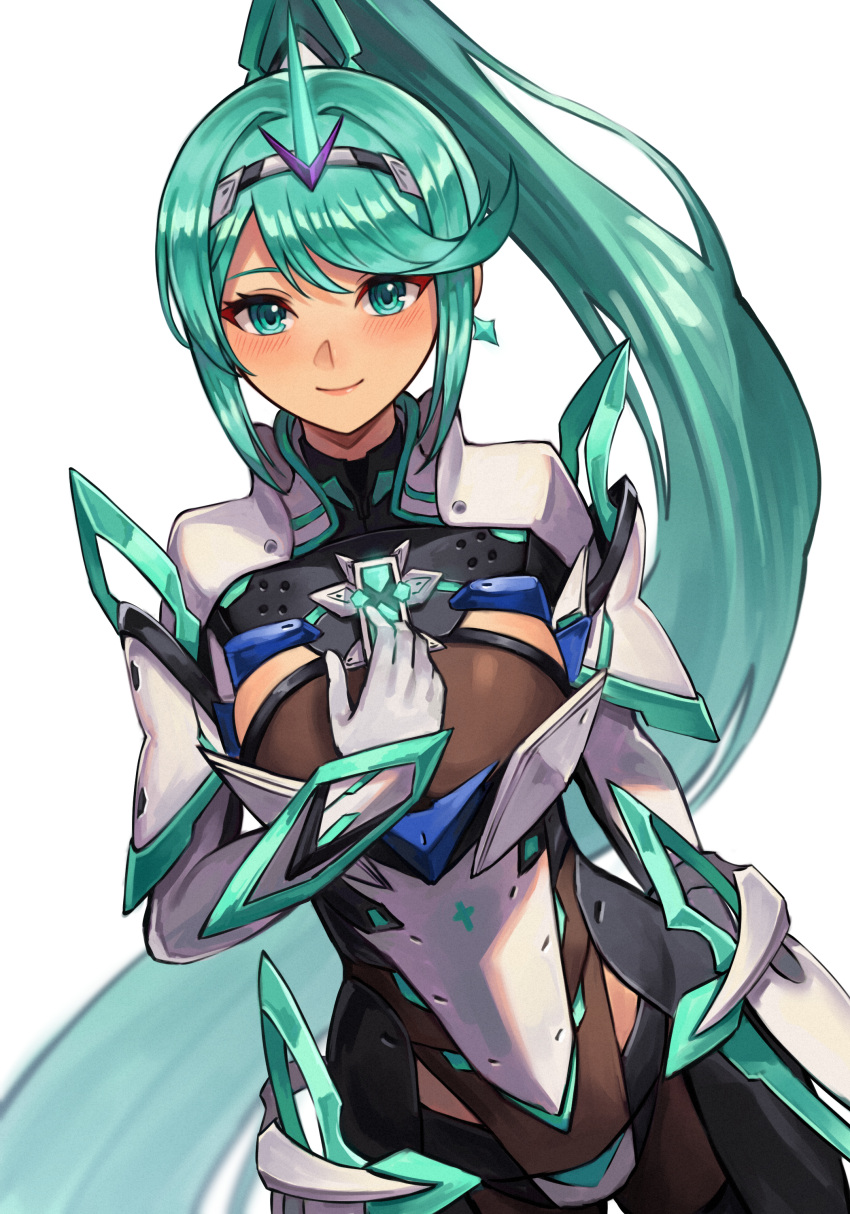 1girl 20060715 alluring big_breasts green_eyes green_hair nintendo pneuma_(xenoblade) simple_background white_background xenoblade_(series) xenoblade_chronicles_2