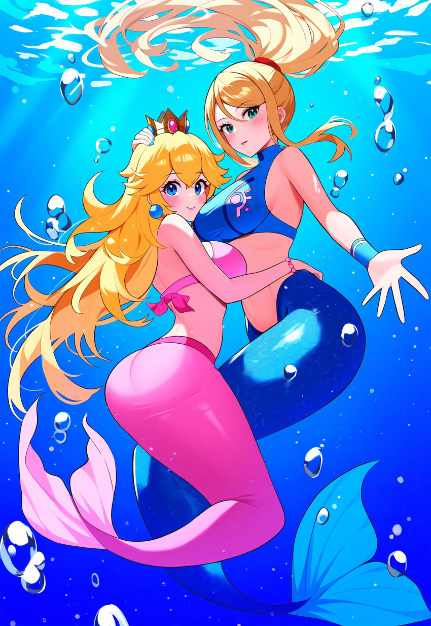 2girls ai_generated alluring alternate_species big_breasts bikini_top blonde_hair blue_tail breasts crossover female female/female female_only horse_tail humanoid long_hair looking_at_viewer mario_(series) mermaid mermaid_tail metroid nightcore_(artist) nintendo ocean princess_peach samus_aran sea super_smash_bros. tail underwater water yuri