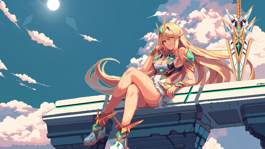 1girl 1girl alluring bare_shoulders blonde_hair blue_sky chest_jewel cleavage cleavage_cutout clothing_cutout cloud crossed_legs dress earrings floating_hair full_body high_res itzah jewelry long_hair looking_at_viewer medium_breasts microdress mythra pixel_art sitting sky smile sun swept_bangs sword tiara weapon white_dress white_footwear xenoblade_(series) xenoblade_chronicles_2 yellow_eyes