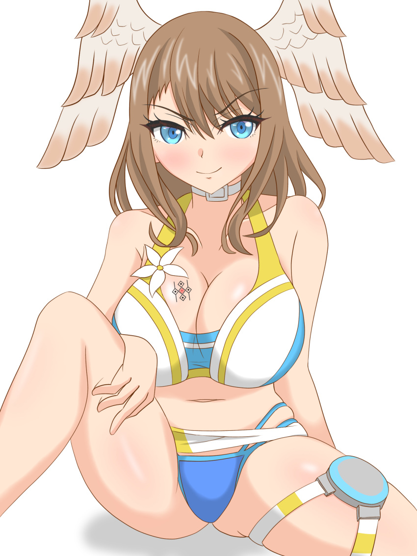 1girl alluring bare_legs big_breasts bikini blue_eyes brown_hair cleavage eunie_(xenoblade) hata_(pixiv10403940) nintendo pin_up xenoblade_(series) xenoblade_chronicles_3