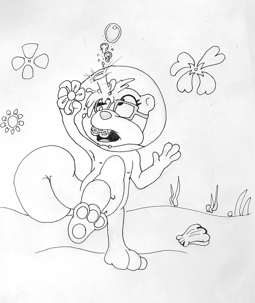 1girl aged_down anthro barefoot braces bubbles cub diving_helmet dtcg feet female flat_chest furry glasses helmet leak monochrome navel nickelodeon nipples nude ocean paws peril pussy sandy_cheeks sea sketch skinny_dipping solo spongebob_squarepants squirrel tagme traditional_media_(artwork) underwater water young