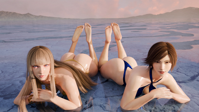 2_girls 3d ass barefoot big_breasts bikini blender blonde_hair brown_eyes brown_hair emilie_de_rochefort feet_up forsavide kazama_asuka long_hair looking_at_viewer lying_down medium_breasts namco purple_eyes short_hair soles swimsuit tekken tekken_8 the_pose toes wet