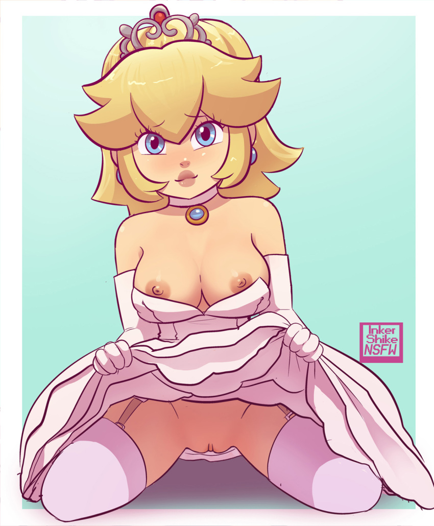 1girl 1girl all_fours areola blonde_hair blue_eyes breasts clitoris crown dress_lift drpizzaboi1 female_only garter_belt inkershike looking_at_viewer mario_(series) nintendo nipples no_bra no_panties presenting princess_peach pussy shaved_pussy stockings super_mario_odyssey wedding_dress