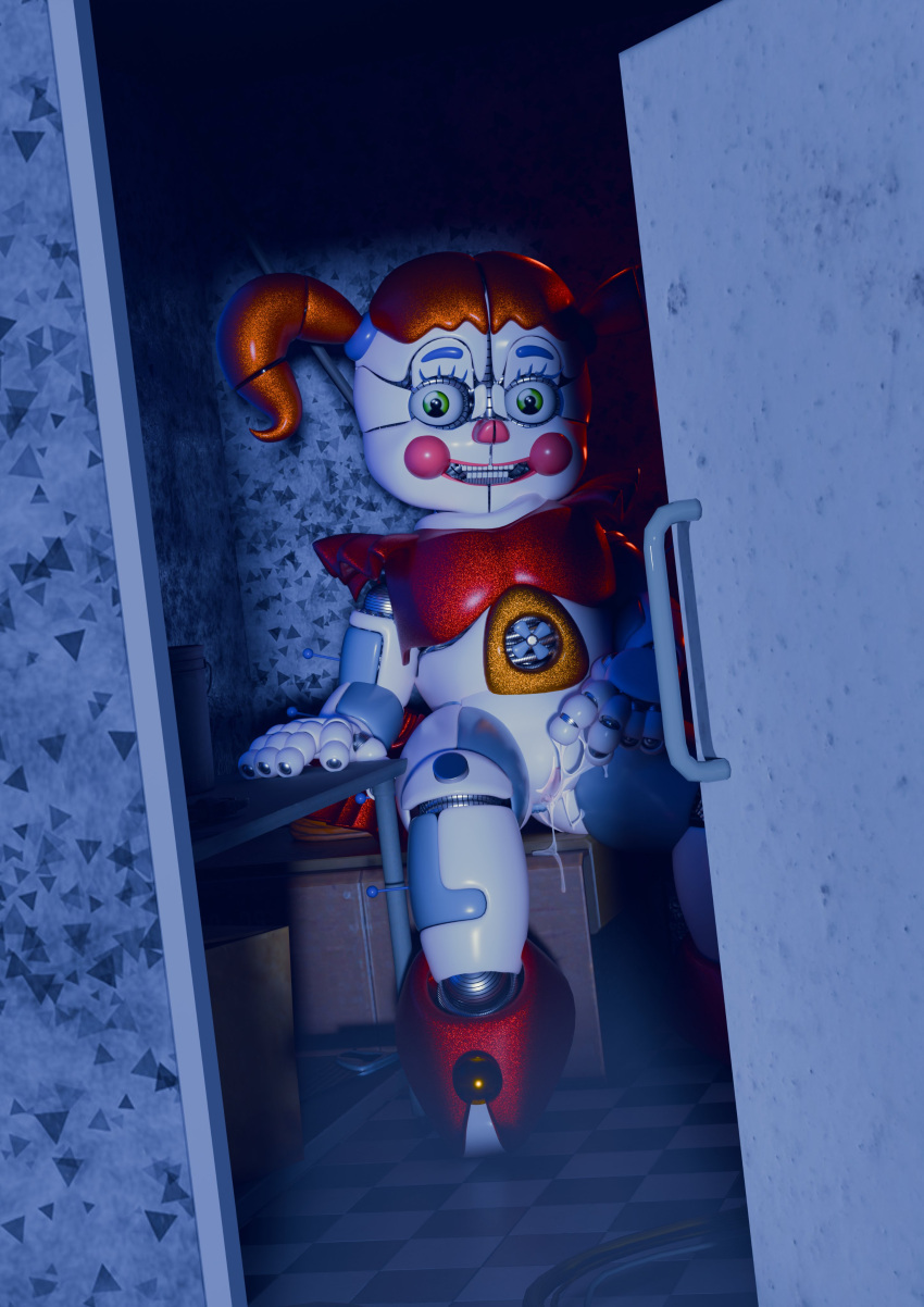 1girl 1girl 2024 3d_(artwork) absurd_res animatronic bodily_fluids circus_baby_(fnaf) commission digital_media_(artwork) five_nights_at_freddy's genital_fluids green_eyes hair high_res humanoid joints looking_at_viewer machine masturbation opening_door red_hair robot scottgames vaginal_fluids walk-in wet white_body zxxxarts