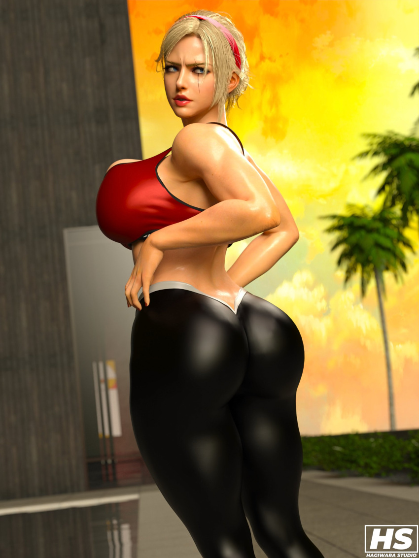 1girl 3d alluring ass athletic_female big_breasts blonde_hair female_abs female_only fit_female hagiwara_studio headband high_res high_resolution lidia_sobieska looking_back_at_viewer namco polish polish_female ponytail prime_minister sports_bra sportswear tekken tekken_8 thick_thighs tights