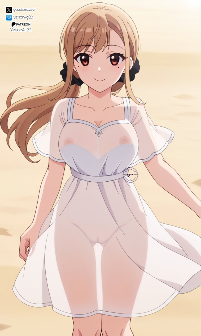 blonde_hair brown_eyes jinguuji_naori koi_wa_futago_de_warikirenai looking_at_viewer mole_under_eye nekom14 nipples_visible_through_clothing no_panties pussy see-through transparent_clothing white_dress