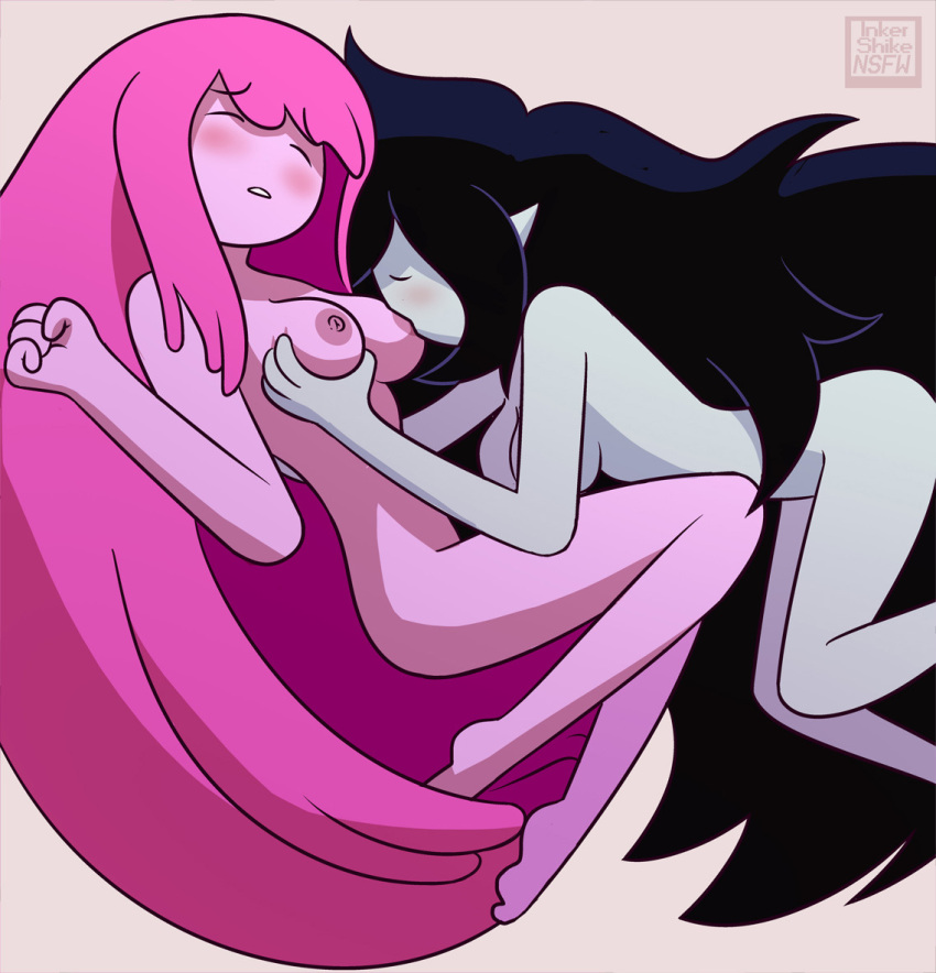 1girl 2018 2_girls 4_fingers adventure_time areola ass barefoot black_hair blush breast_grab breast_sucking breasts canon_couple cartoon_network closed_eyes closed_eyes couple curvy duo eyebrows eyebrows_visible_through_hair female_only grabbing grey_skin hair humanoid inkershike long_hair looking_pleasured marceline multiple_females multiple_girls nipples nude pale-skinned_female pale_skin pink_hair pink_skin princess princess_bubblegum sideboob sucking vampire very_long_hair watermark yuri