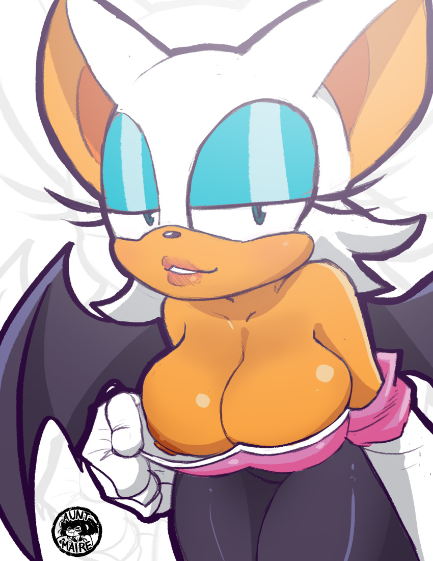 1girl 1girl anthro areola bat big_breasts breasts cleavage clothing female_only inkershike mammal nipples presenting rouge_the_bat sega sega white_fur white_hair