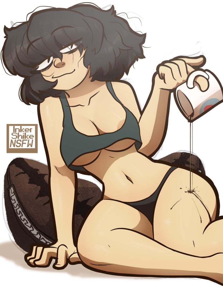 1girl ahoge bedhead black_hair breasts coffee coffee_mug female_only inkershike looking_at_viewer maire_(inkershike) nipple_slip original original_character panties short_hair smile tank_top thick_thighs tired tired_eyes under_boob underwear