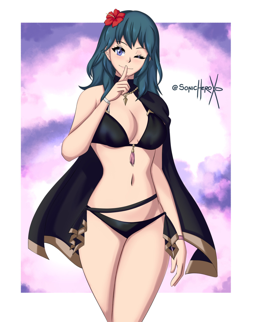 1girl alluring alternate_costume big_breasts bikini black_bikini black_swimsuit blue_eyes byleth_(fire_emblem) byleth_(fire_emblem)_(female) byleth_(summer)_(fire_emblem)_(female) female_only fire_emblem fire_emblem:_three_houses fire_emblem_heroes nintendo official_alternate_costume pin_up sonicheroxd swimsuit teal_hair