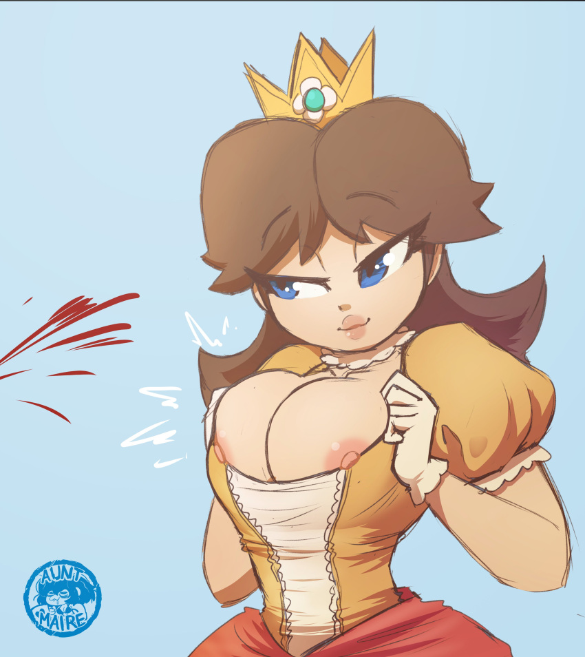 1girl areola big_breasts blood blue_background blue_eyes breasts brown_hair cleavage clothing crown dress female_only gloves hair half-closed_eyes inkershike lips looking_at_another mario_(series) nintendo nipple_slip nipples nosebleed offscreen_character princess princess_daisy seductive simple_background standing teasing tight_clothing topless video_games watermark