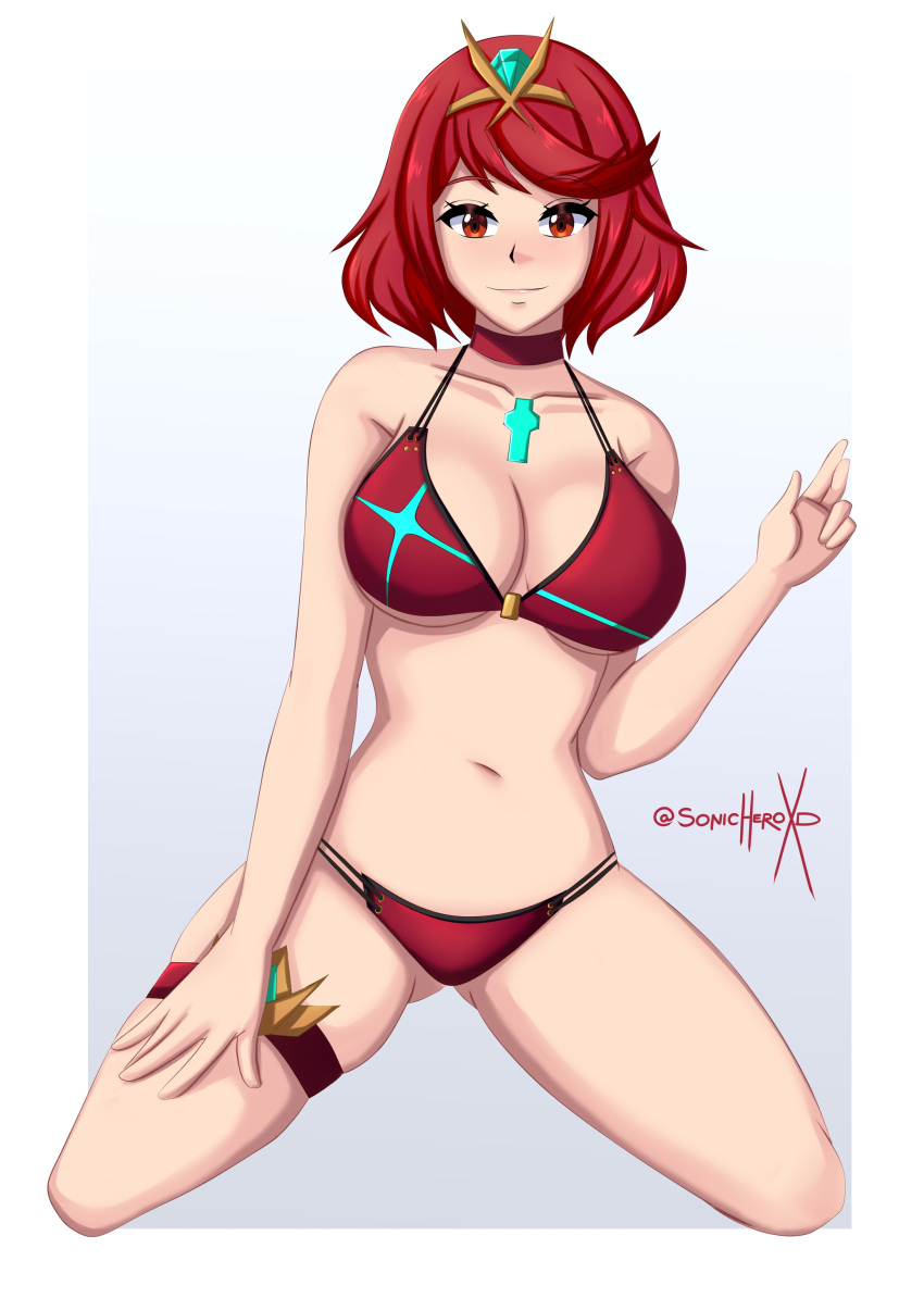 1girl alluring big_breasts bikini cleavage core_crystal female_human female_only light_skin milf nintendo pin_up pyra red_eyes red_hair sonicheroxd xenoblade_(series) xenoblade_chronicles_2