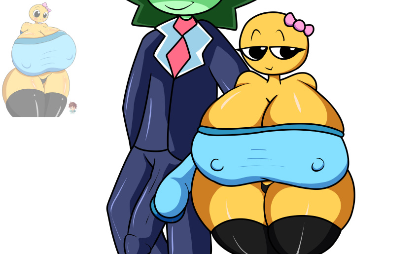 1boy 1boy1girl 1girl big_ass big_breasts big_thighs blue_sweater cursed_emoji emoji emoji_(race) jp20414(artist) mr.jeffrey reference_image touching_penis yellow_skin