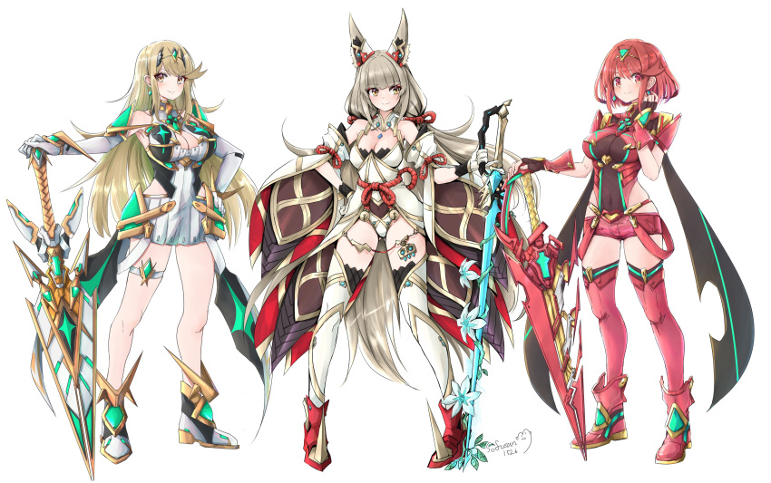 3_girls alluring big_breasts blonde_hair cleavage multiple_girls mythra nia nia_(blade)_(xenoblade) nia_(xenoblade) nintendo pyra red_hair silver_hair simple_background small_breasts sofusan1526 weapon xenoblade_(series) xenoblade_chronicles_2